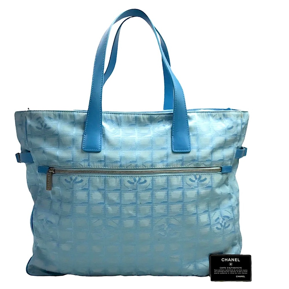 Authentic Chanel Travel Line Large Tote with logos blue